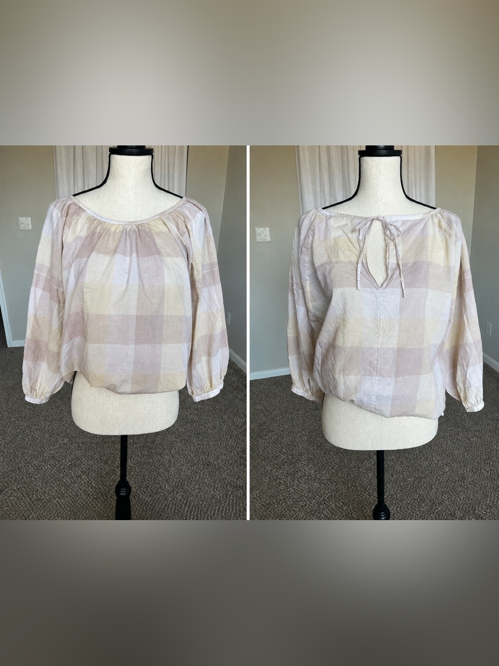 Everlane 100% Cotton Pastel Plaid Peasant Blouse Tie Back 3/4 Sleeve Size L